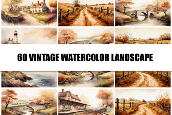 60 Vintage Watercolor Landscape Backgrounds: A Designer's Toolkit