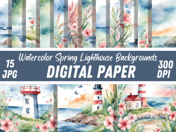 Watercolor Spring Lighthouse Backgrounds: A Seasonal Design Toolkit